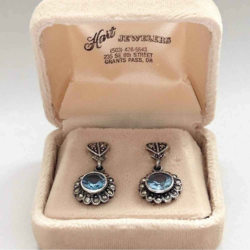 Vintage Blue Topaz Marcasite Dangling Flower Signed Sterling Silver Earrings - Picture 6 of 12